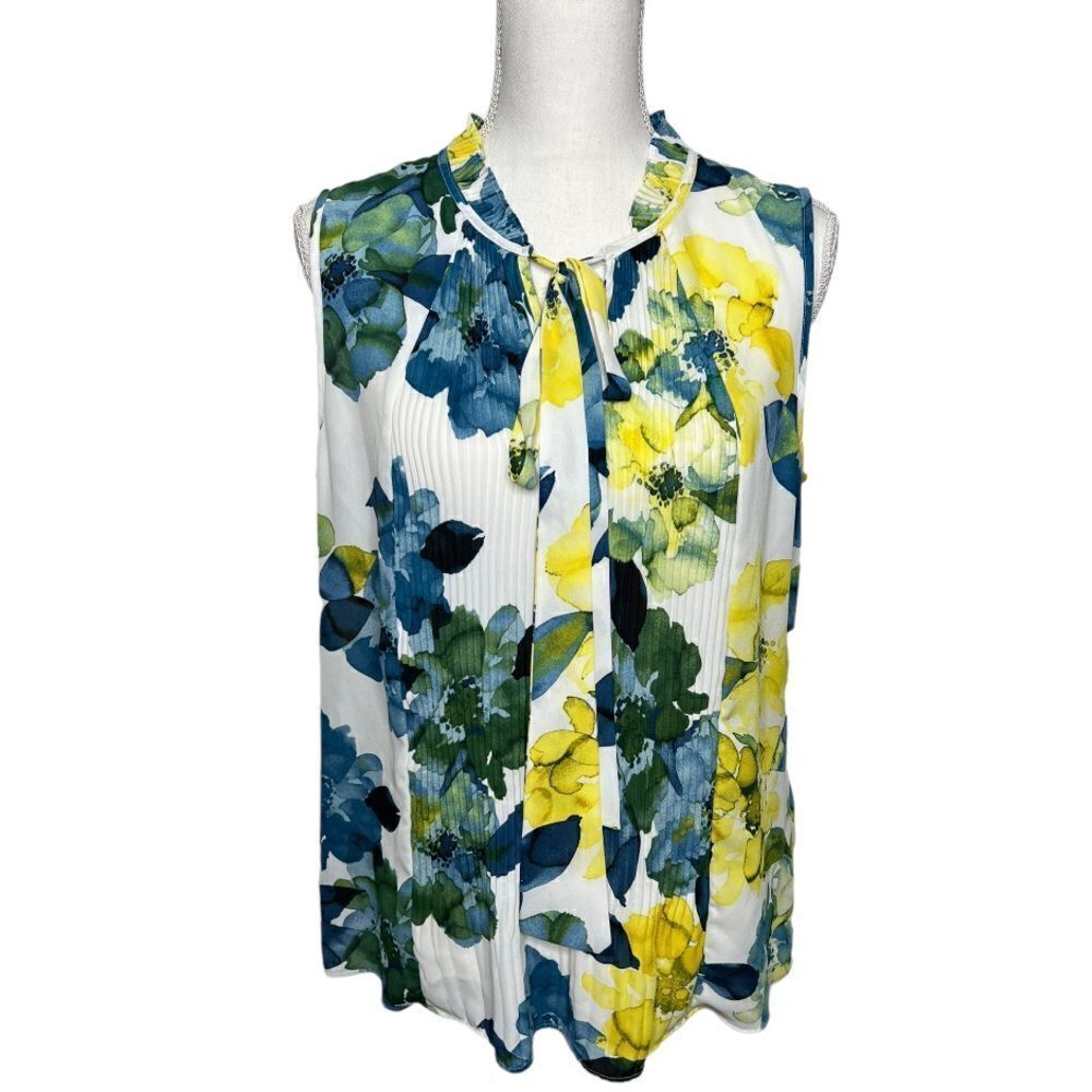 DKNY Blue And Yellow Flower Print Sleeveless Blouse. Size Large NWOT